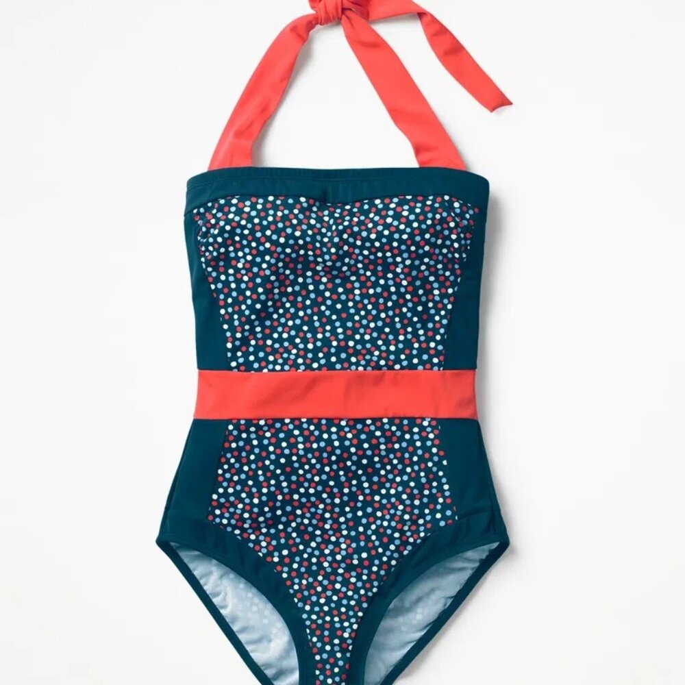 Boden Santorini Halterneck One-Piece Swimsuit, Blue Multi-Spot, Size 8 US